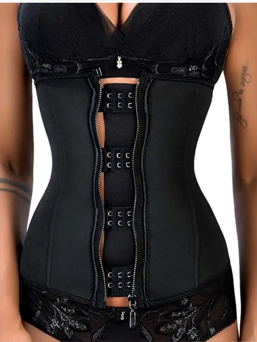 Black Latext Waist Trainer Corset with Front Zipper and Hooks Max Comp size S